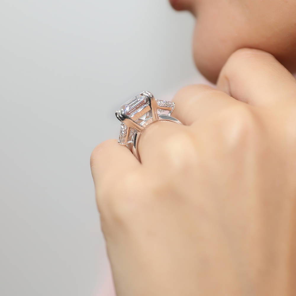 Model wearing 3-Stone Asscher CZ Statement Ring in Sterling Silver, 8 of 12