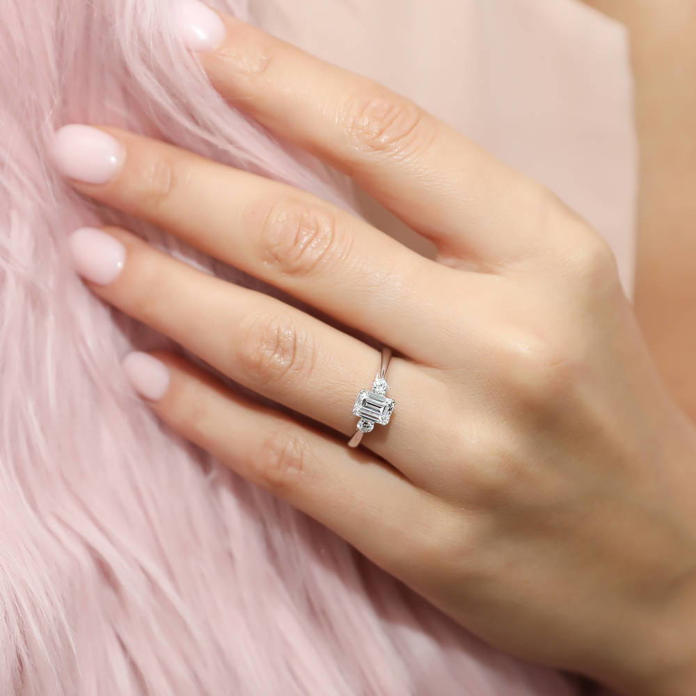 Sterling Silver 3 Stone Emerald Cut CZ Wedding Engagement Promise