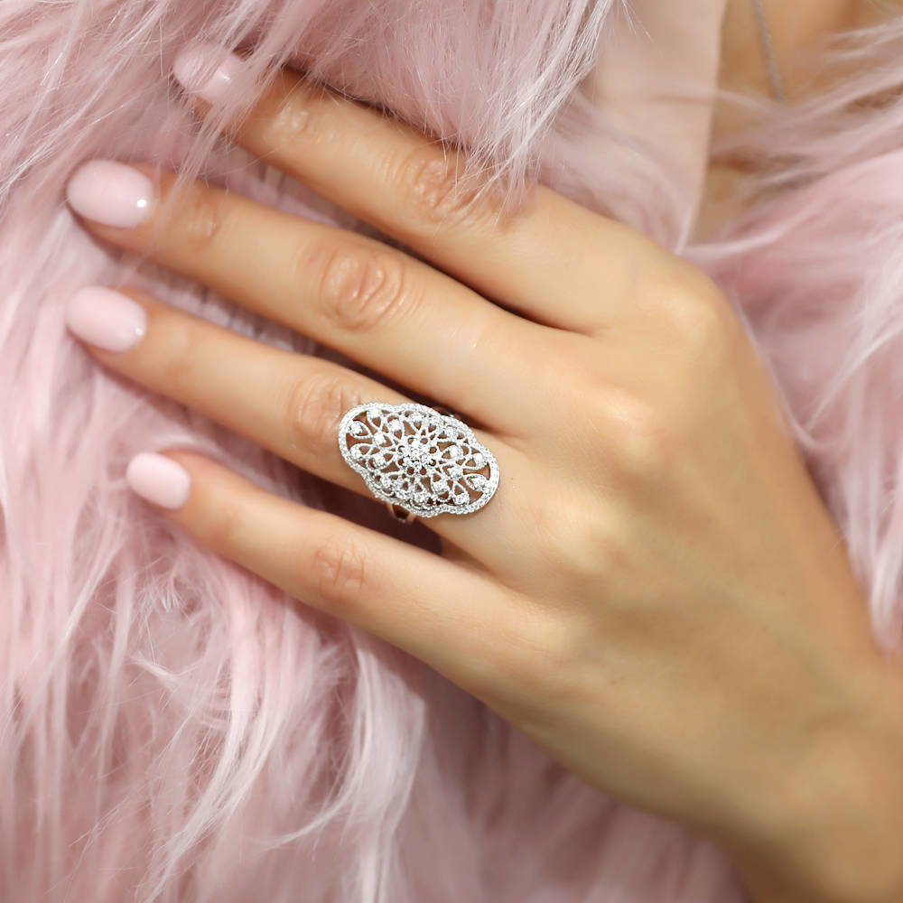 Model wearing Flower Navette Art Deco Filigree CZ Ring in Sterling Silver, 2 of 9