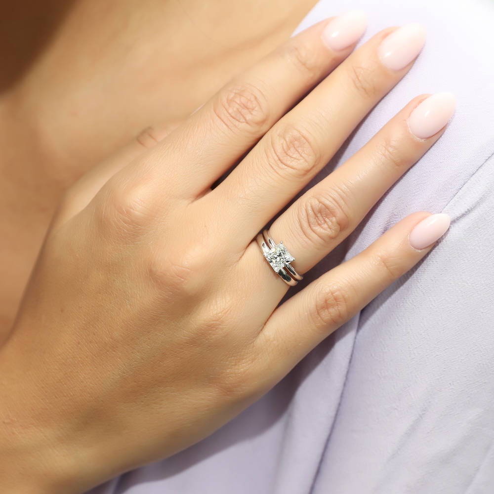 Model wearing Solitaire 1.6ct Princess CZ Ring Set in Sterling Silver, 2 of 11