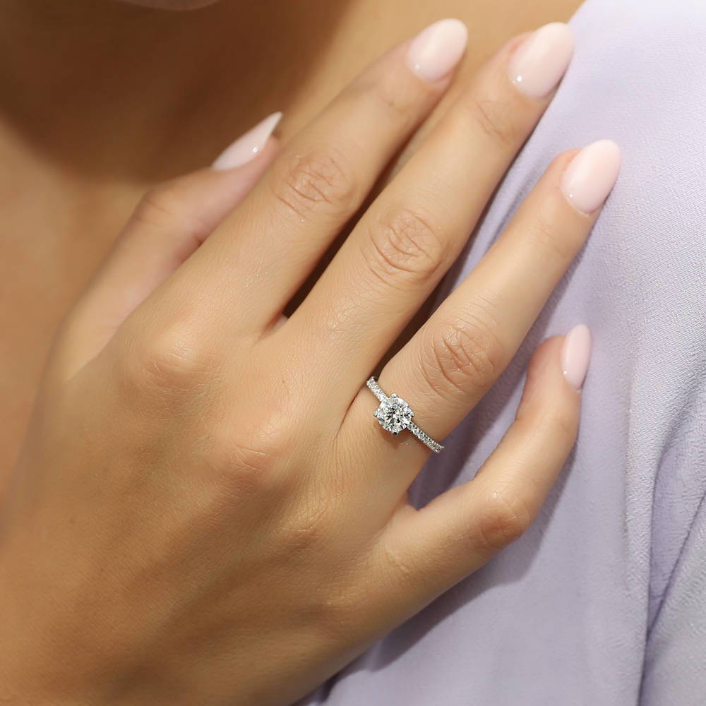 Model wearing Solitaire 1ct Round CZ Ring Set in Sterling Silver, 5 of 11