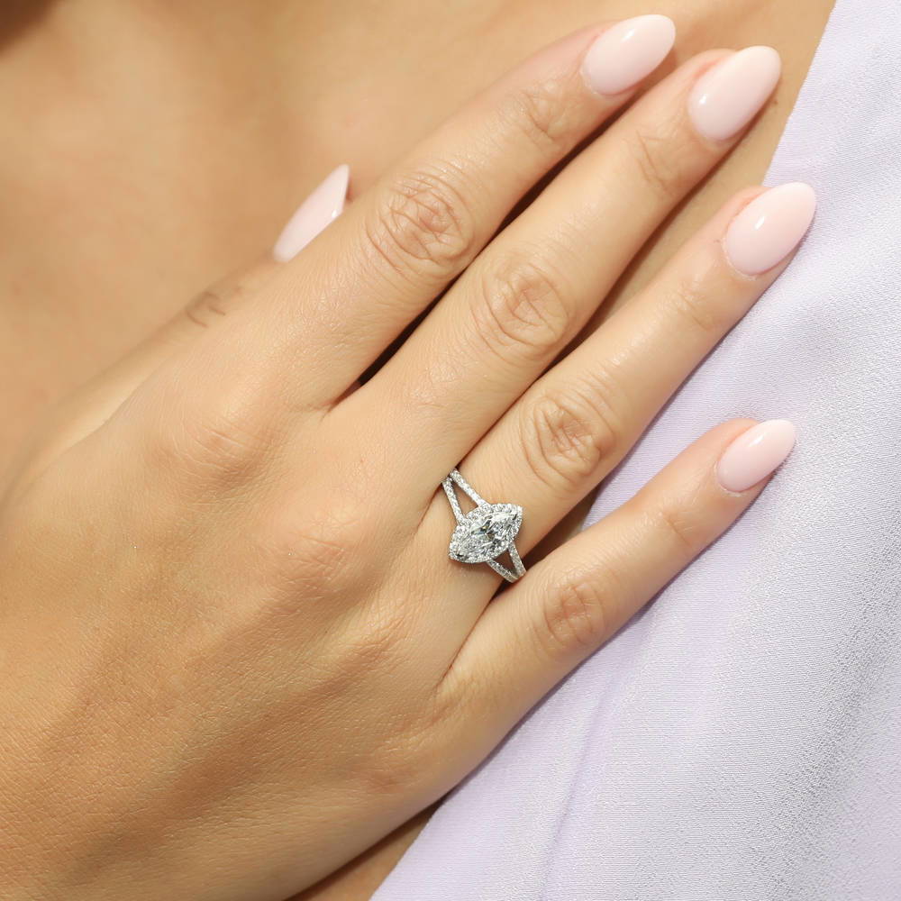 Model wearing Halo Marquise CZ Split Shank Ring Set in Sterling Silver, 5 of 10
