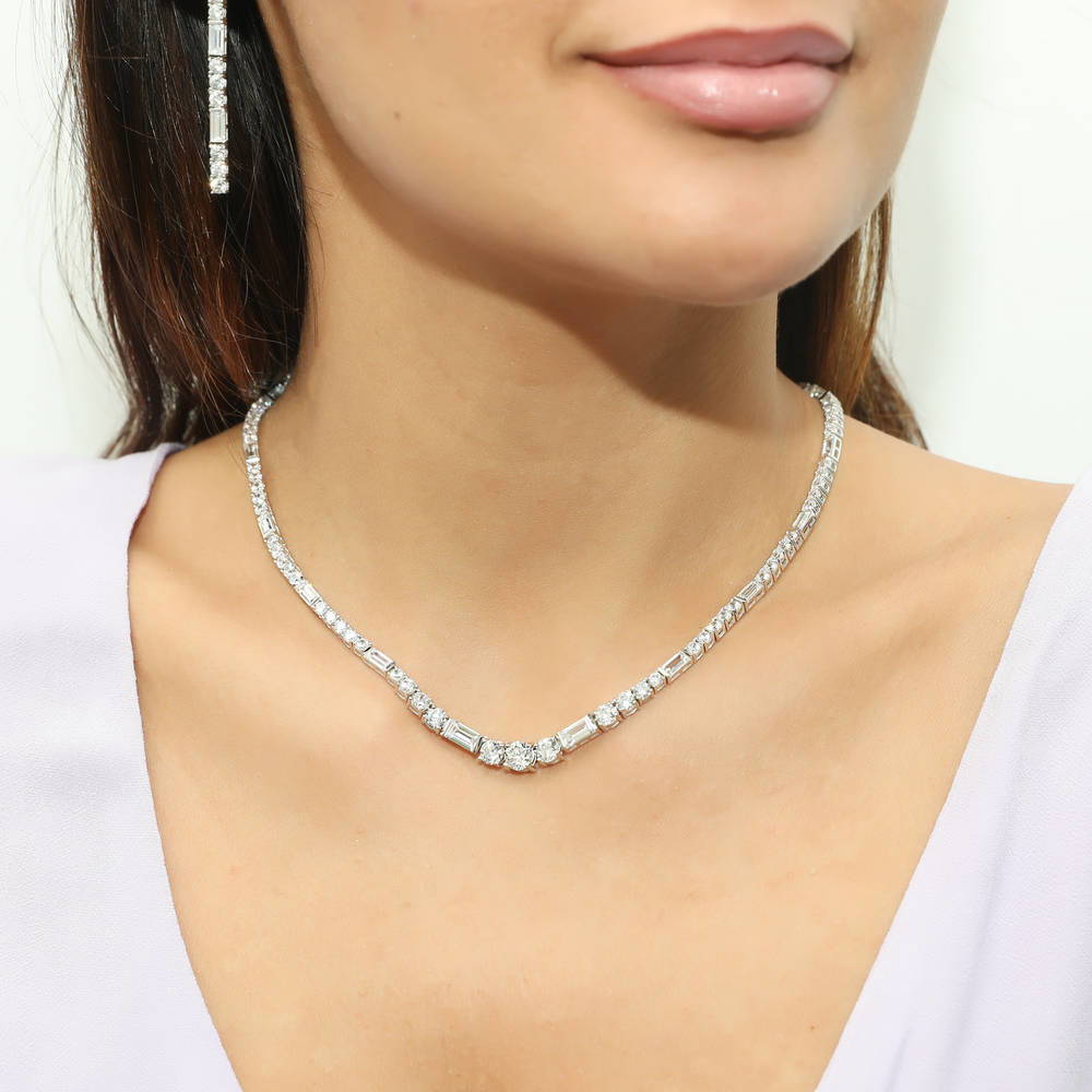 Model wearing Bar Art Deco CZ Earrings in Sterling Silver, 7 of 11