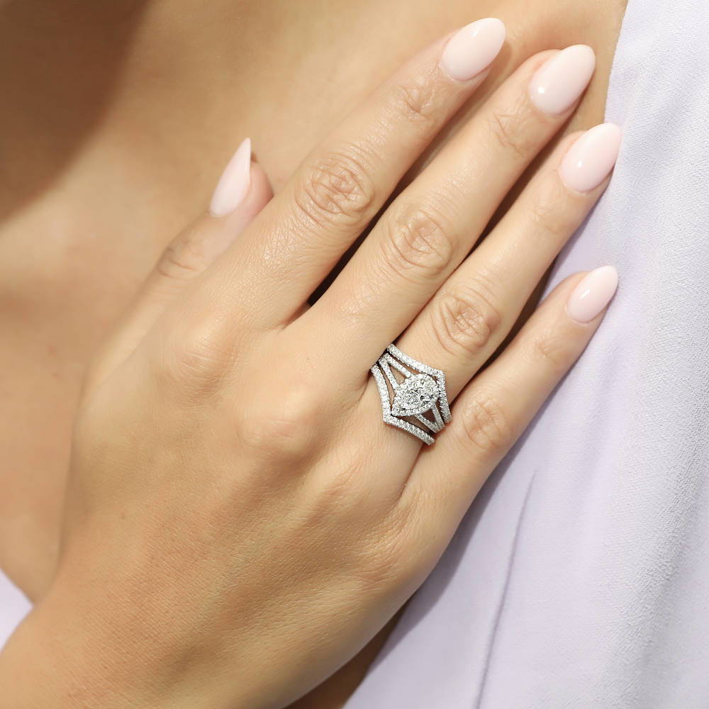 Model wearing Halo Wishbone Pear CZ Split Shank Ring Set in Sterling Silver, 2 of 15