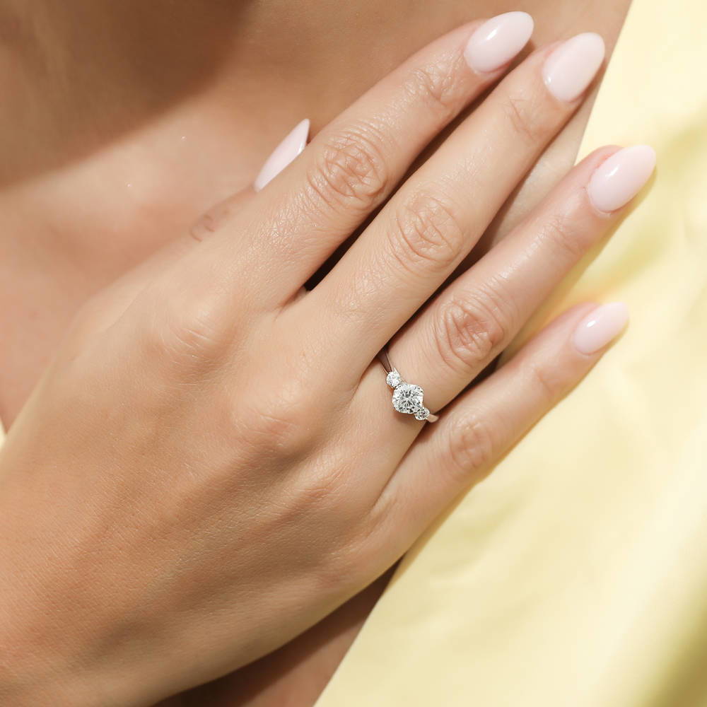 Model wearing 3-Stone 1.25ct Octagon Sun Cut CZ Ring Set in Sterling Silver, 9 of 11
