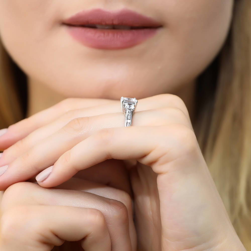 Model wearing 3-Stone Princess CZ Ring in Sterling Silver, 14 of 17