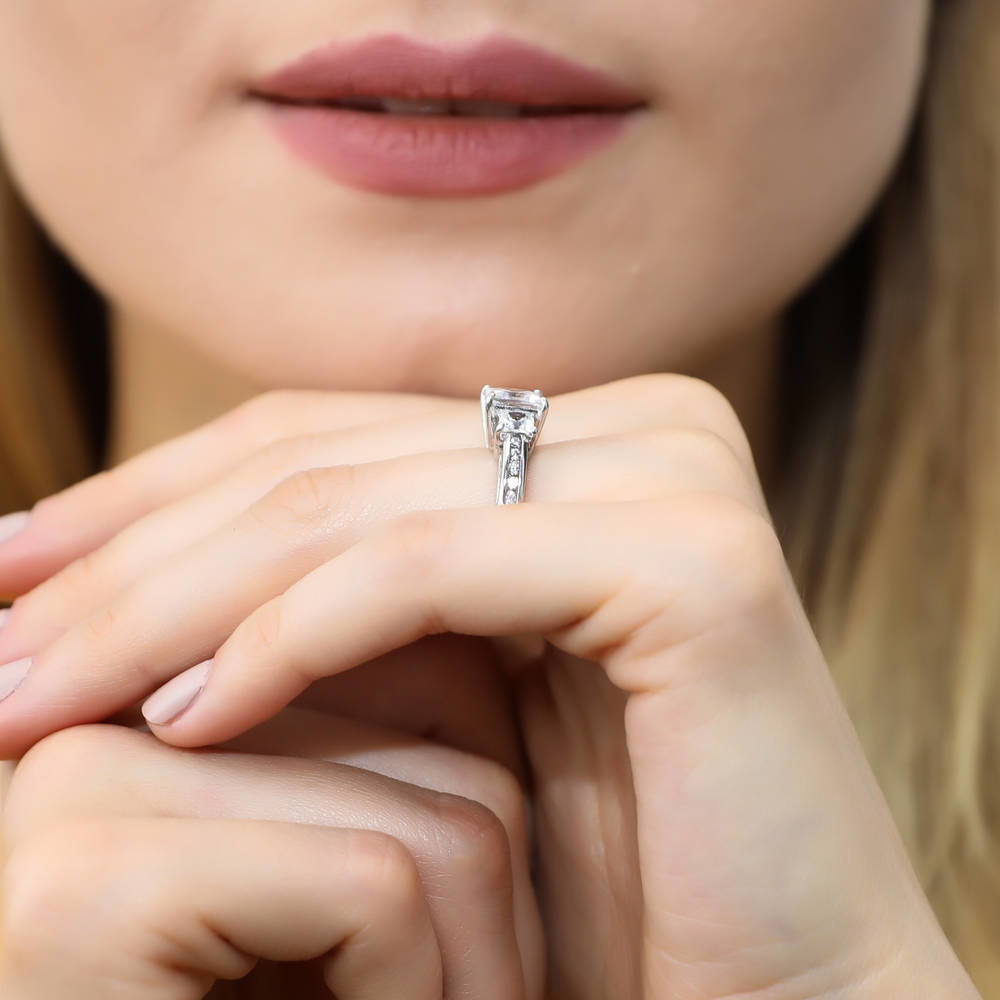Model wearing 3-Stone 1.6ct Princess CZ Ring in Sterling Silver, 16 of 19