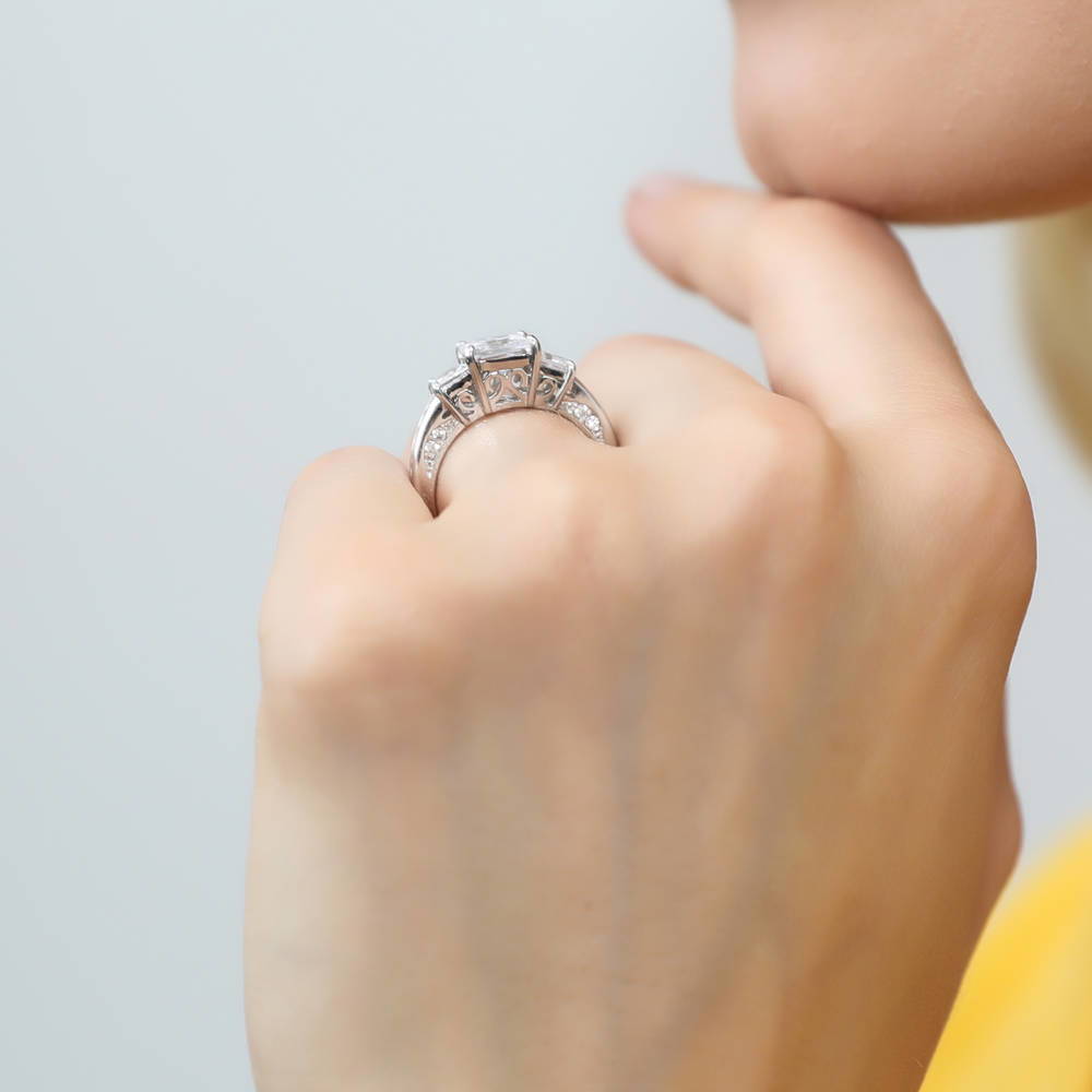 Model wearing 3-Stone Princess CZ Ring in Sterling Silver, 13 of 17