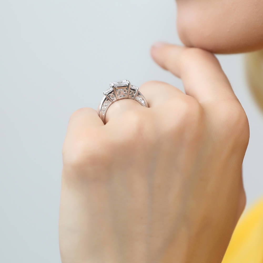 Model wearing 3-Stone 1.6ct Princess CZ Ring in Sterling Silver, 15 of 19