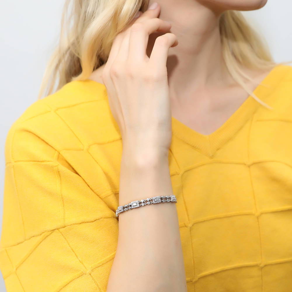 Model wearing Art Deco CZ Chain Bracelet in Sterling Silver, 5 of 13
