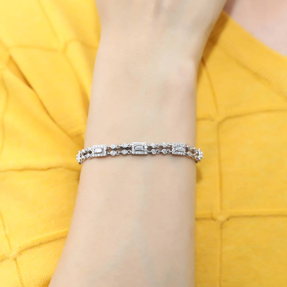 Model wearing Art Deco CZ Chain Bracelet in Sterling Silver, 2 of 13