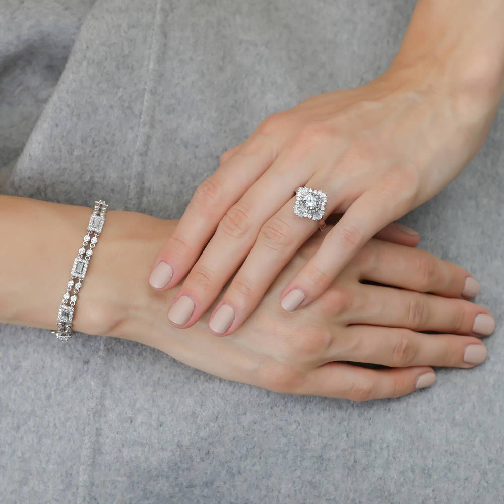 Model wearing Art Deco CZ Chain Bracelet in Sterling Silver, 7 of 13