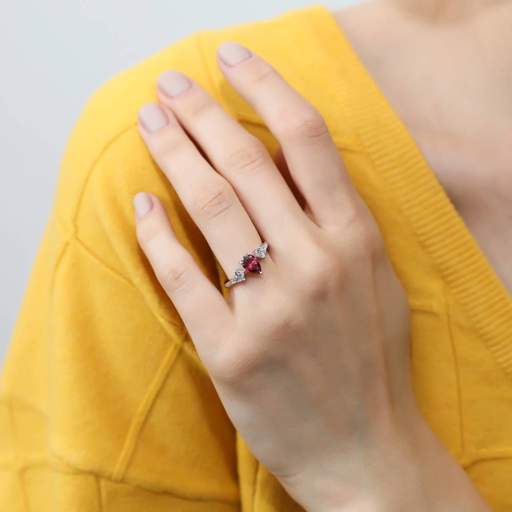 3-Stone Red Pear CZ Ring in Sterling Silver