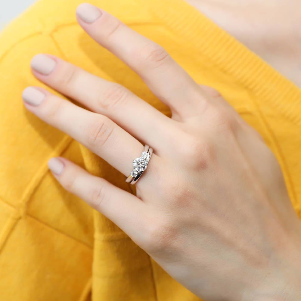 Model wearing 3-Stone 1.25ct Octagon Sun Cut CZ Ring Set in Sterling Silver, 2 of 11