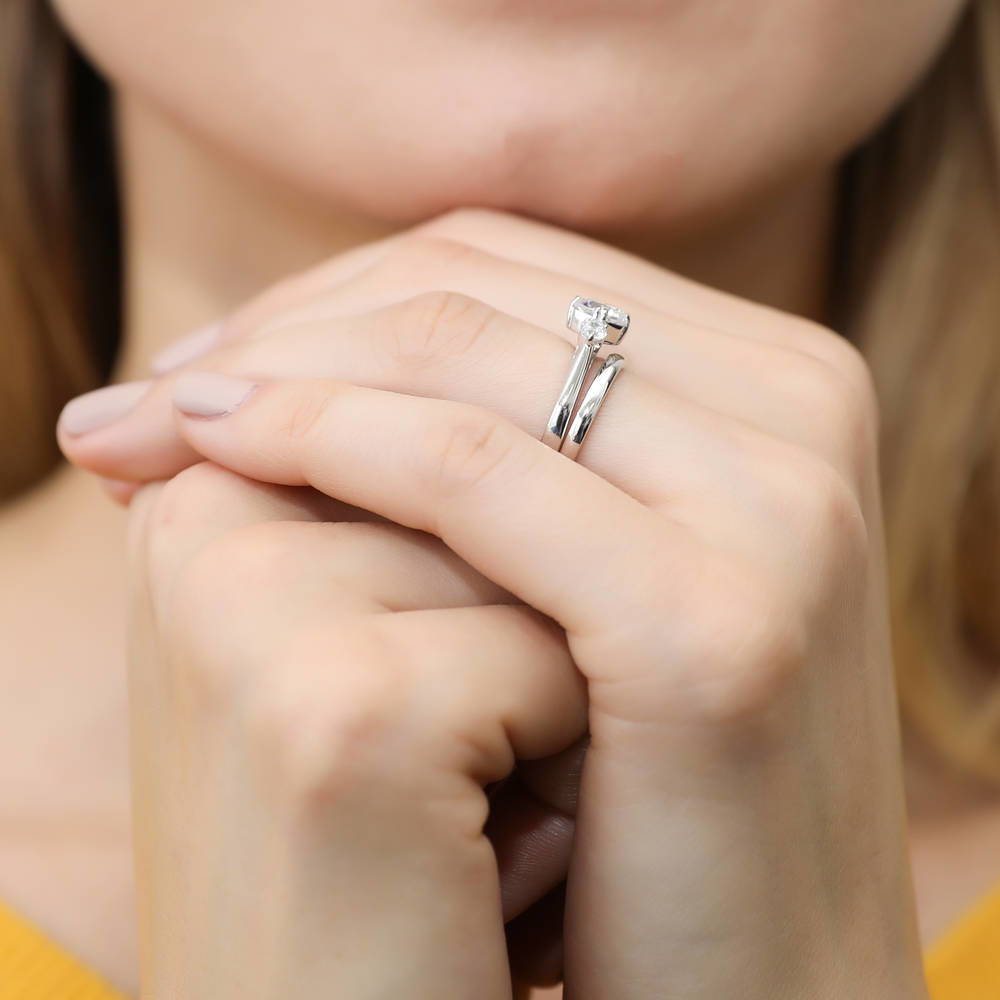 Model wearing 3-Stone 1.25ct Octagon Sun Cut CZ Ring Set in Sterling Silver, 7 of 11