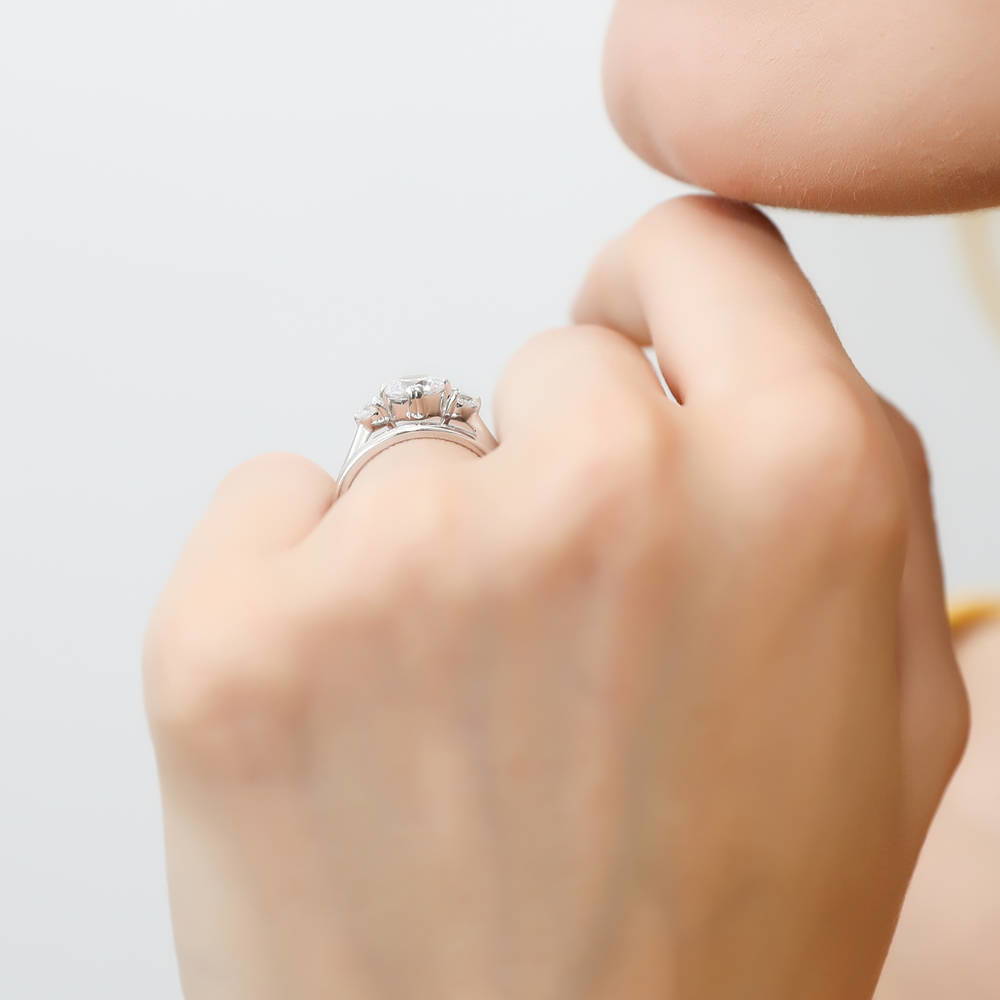 Model wearing 3-Stone 1.25ct Octagon Sun Cut CZ Ring Set in Sterling Silver, 6 of 11