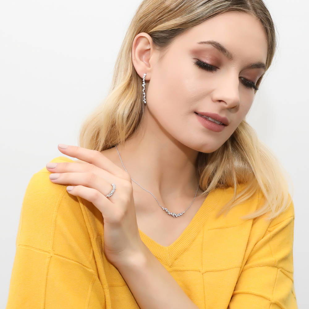 Model wearing Cluster Bar CZ Earrings in Sterling Silver, 5 of 6
