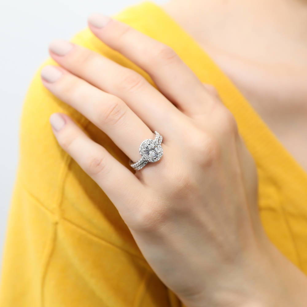 Model wearing Halo Oval CZ Ring Set in Sterling Silver, 4 of 16