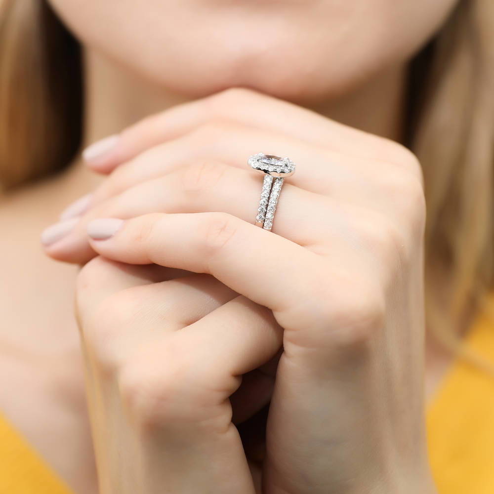 Model wearing Halo Oval CZ Ring Set in Sterling Silver, 9 of 16
