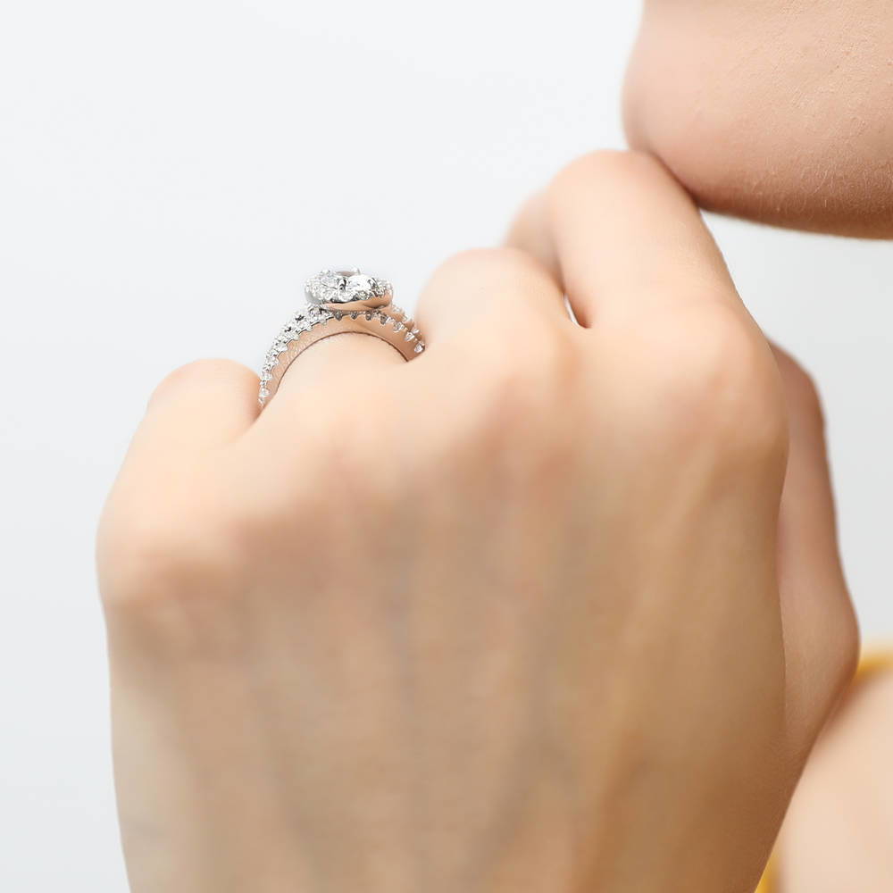Model wearing Halo Oval CZ Ring Set in Sterling Silver, 8 of 16