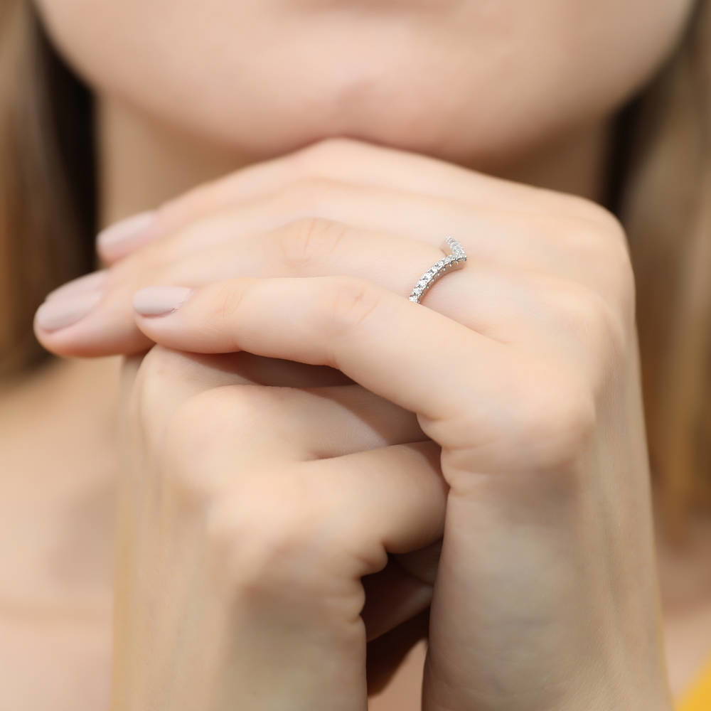 Halo Blue Pear CZ Split Shank Ring Set in Sterling Silver