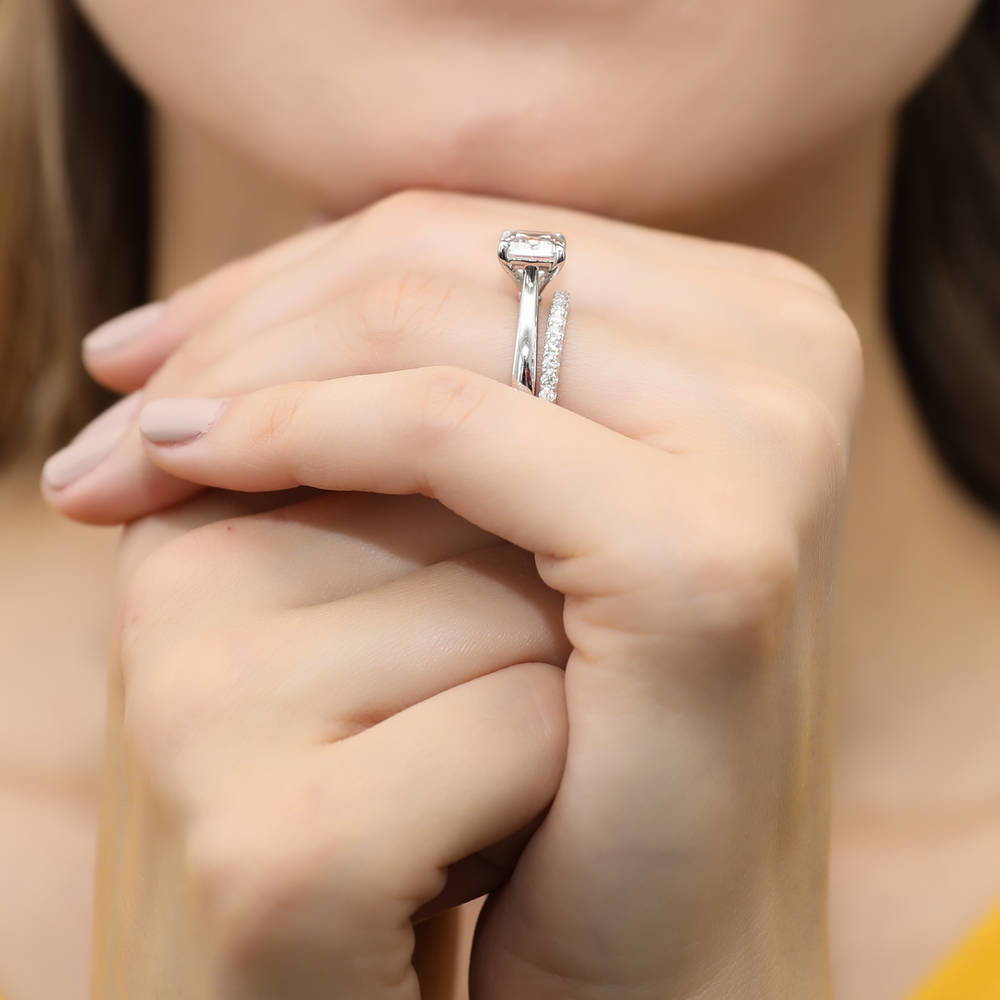 Model wearing East-West Solitaire CZ Ring Set in Sterling Silver, 6 of 16