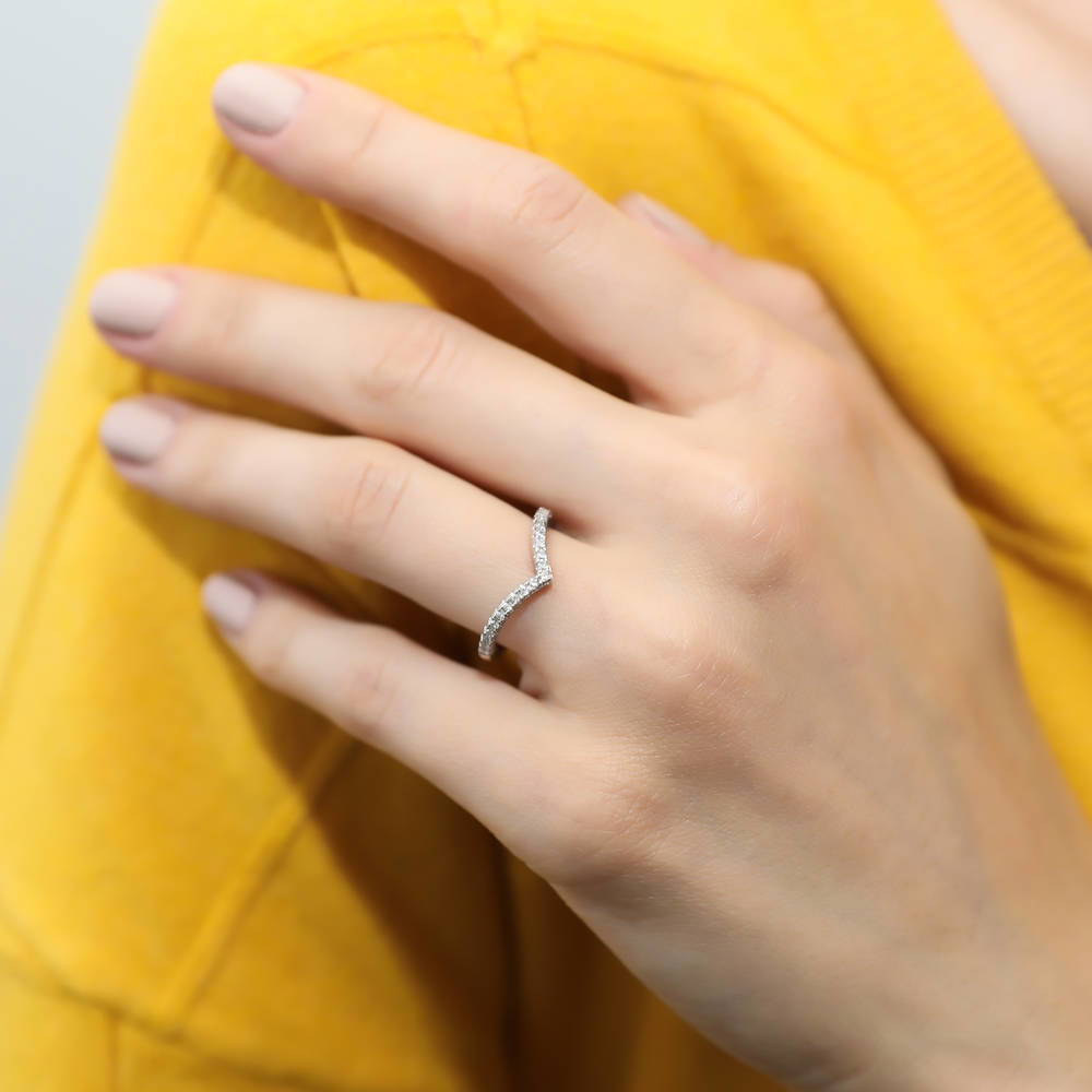 Model wearing Halo Marquise CZ Split Shank Ring Set in Sterling Silver, 6 of 10