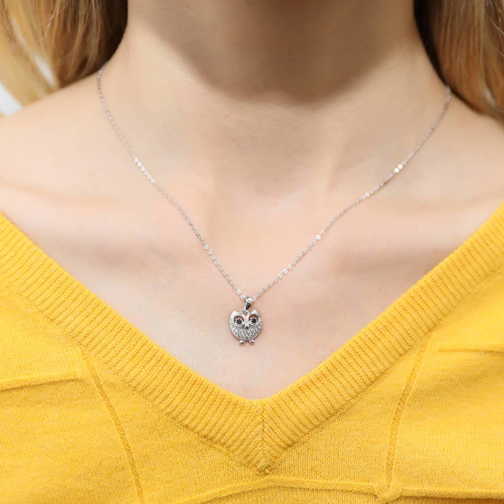 Model wearing Owl CZ Necklace and Earrings Set in Sterling Silver, 6 of 10