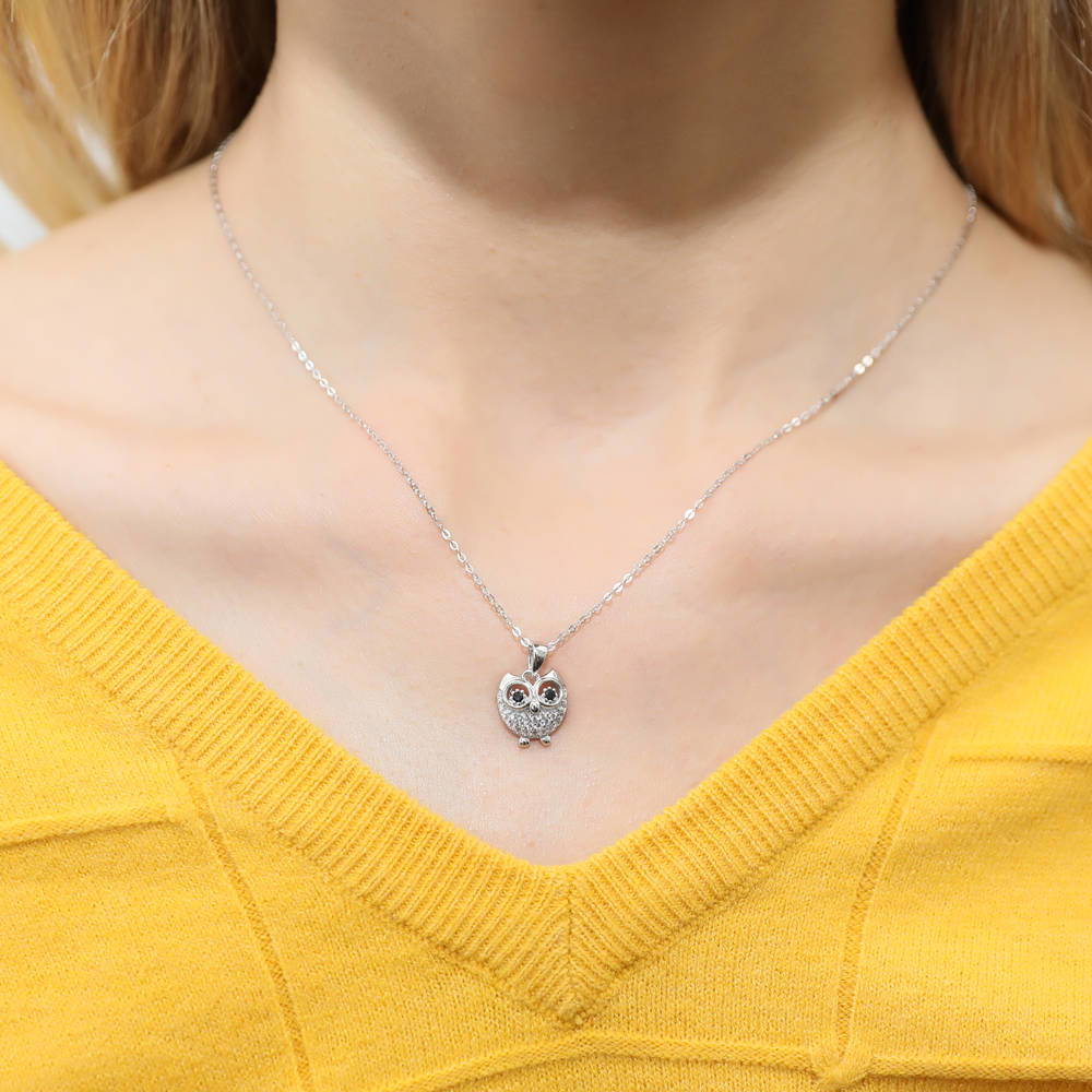Model wearing Owl CZ Necklace and Earrings in Sterling Silver, 6 of 10