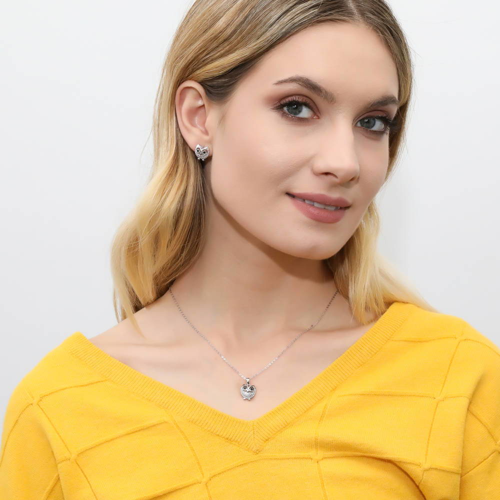 Model wearing Owl CZ Pendant Necklace in Sterling Silver, 3 of 6