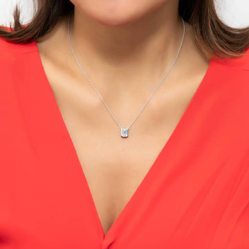 Solitaire 1ct Bezel Set Emerald Cut CZ Necklace in Sterling Silver