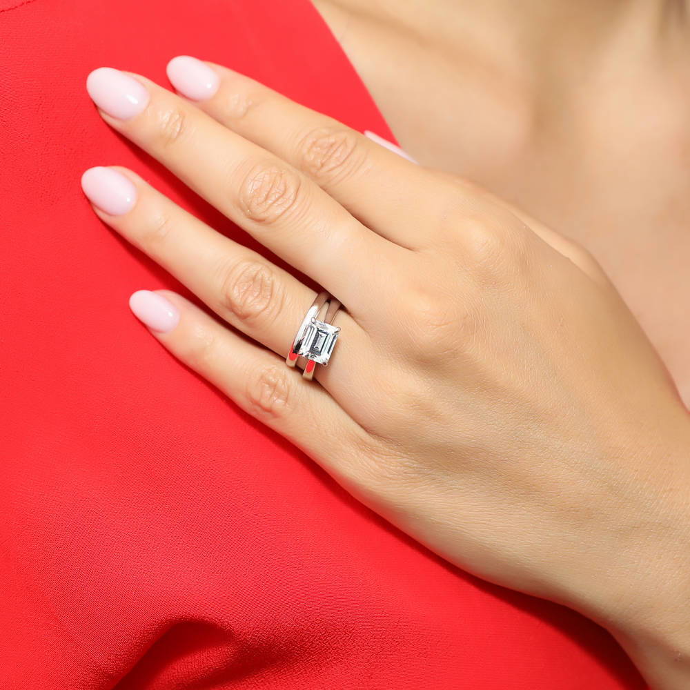 Model wearing East-West Solitaire CZ Ring Set in Sterling Silver, 6 of 12