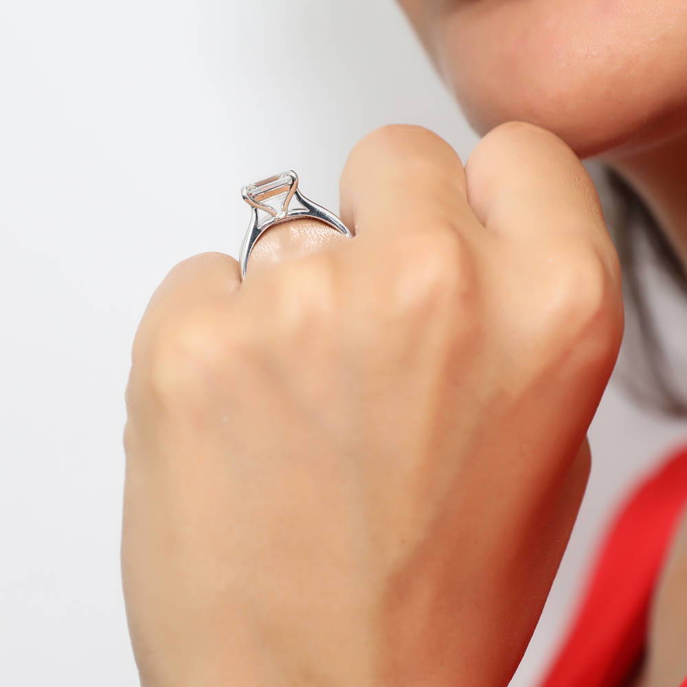 Model wearing East-West Solitaire CZ Ring Set in Sterling Silver, 2 of 12