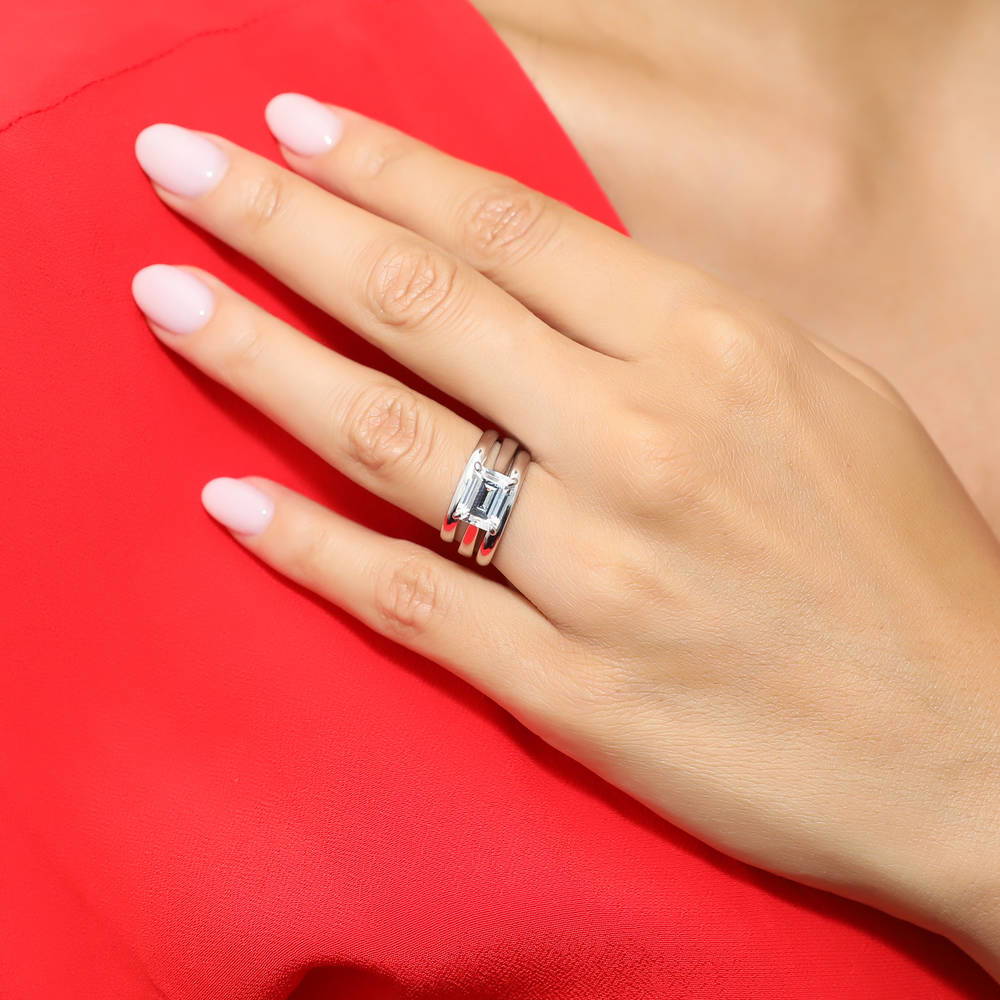 Model wearing East-West Solitaire CZ Ring Set in Sterling Silver, 5 of 11