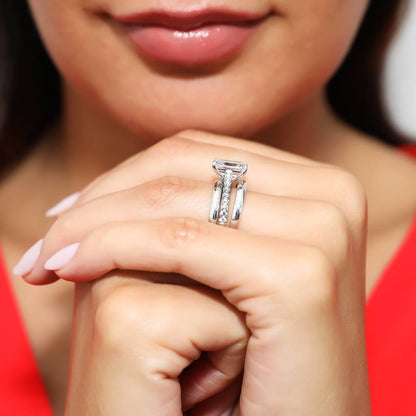 Solitaire 2.6ct Emerald Cut CZ Ring Set in Sterling Silver