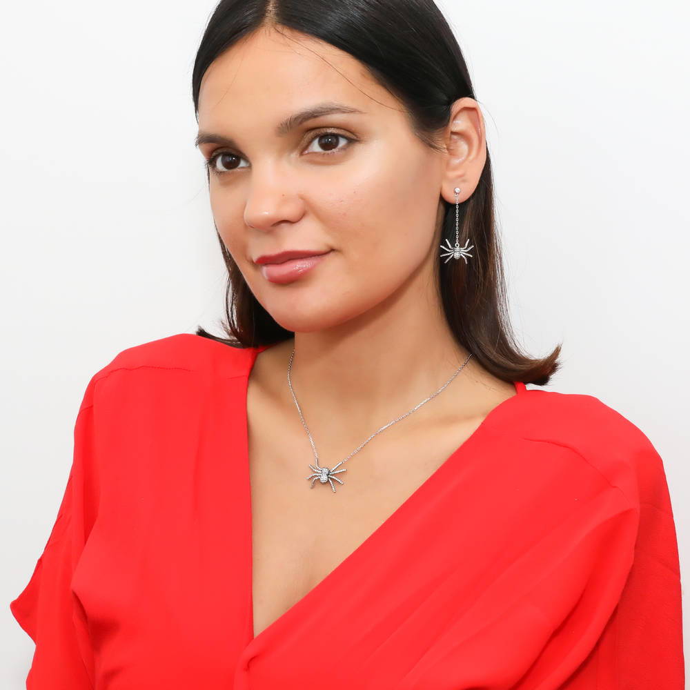 Model wearing Spider CZ Dangle Earrings in Sterling Silver, 4 of 7