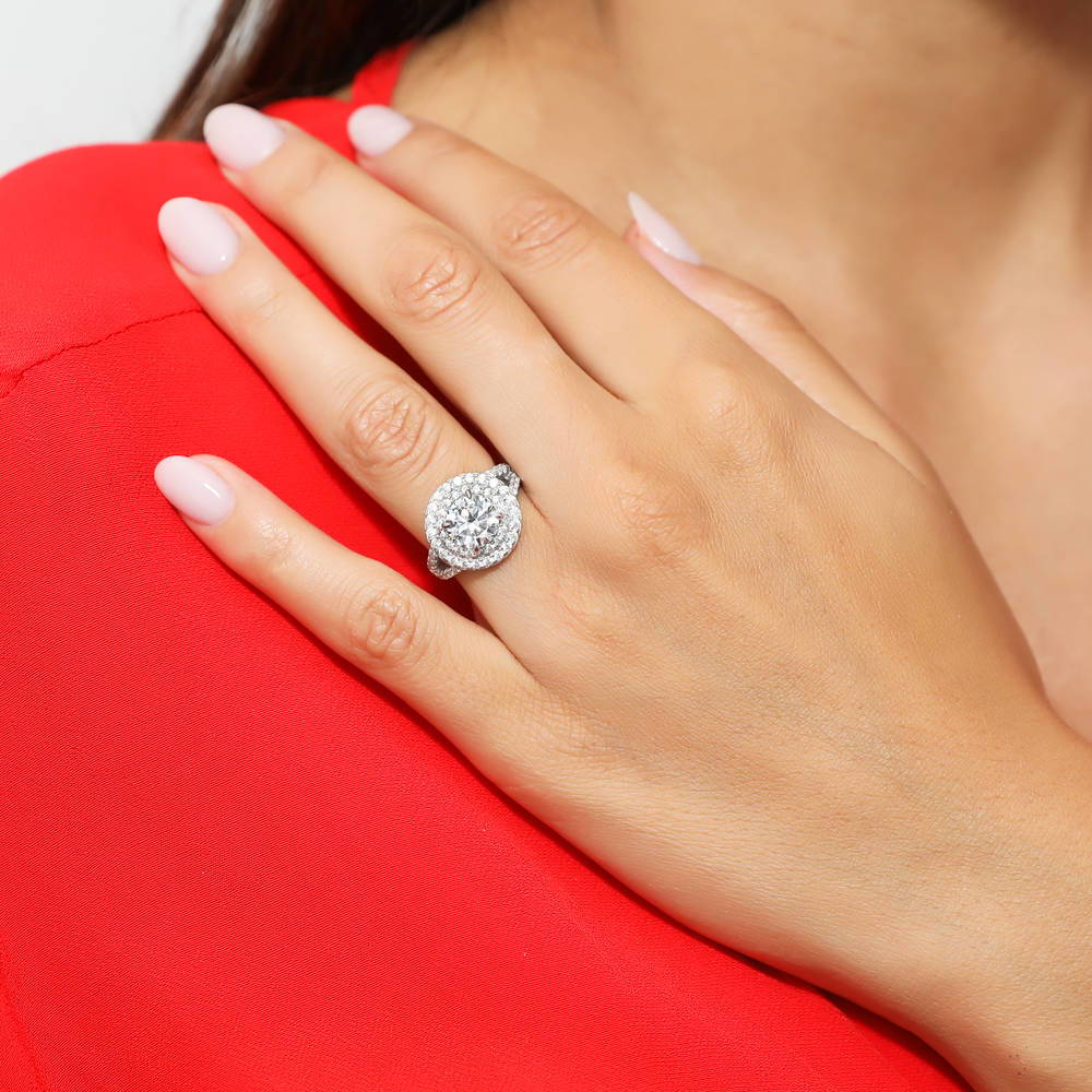 Model wearing Halo Round CZ Statement Split Shank Ring in Sterling Silver, 2 of 8
