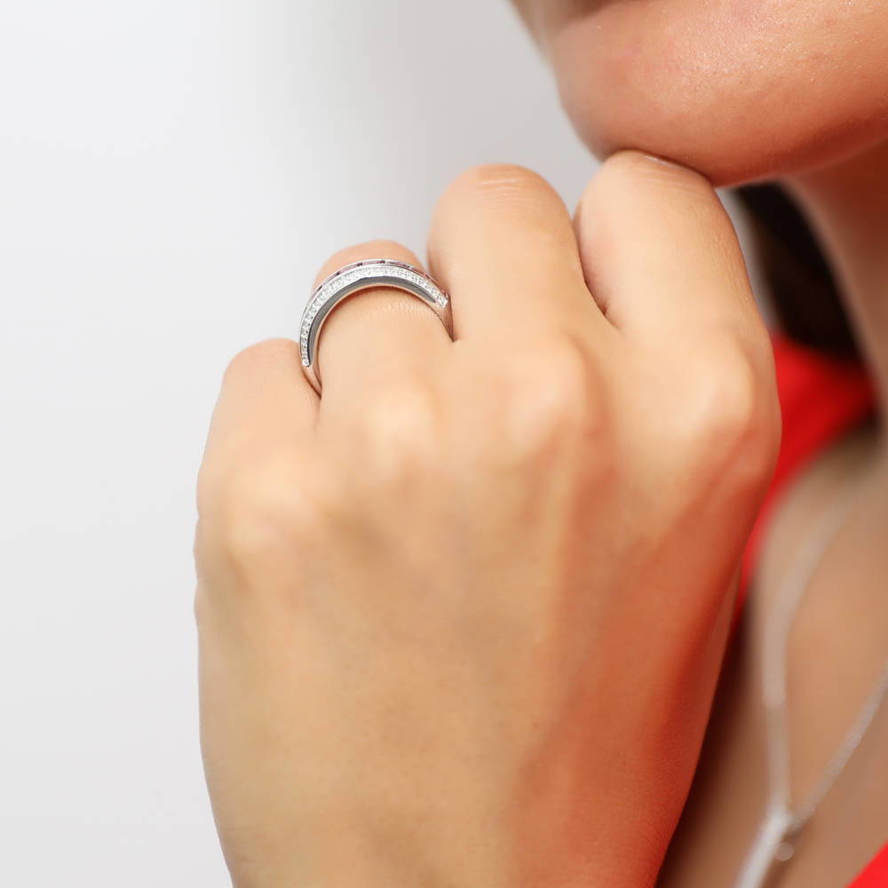 Model wearing Red Channel Set CZ Half Eternity Ring in Sterling Silver