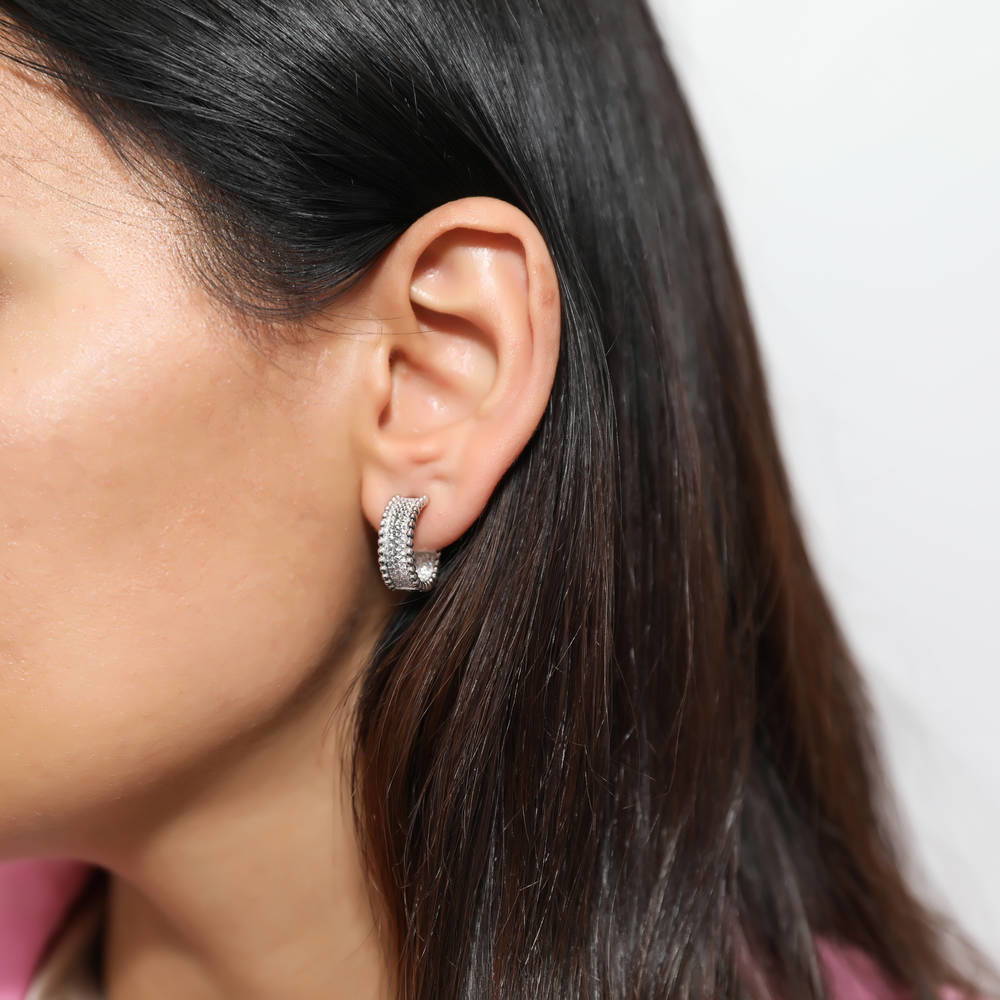 Model wearing Bead CZ Small Omega Back Hoop Earrings in Sterling Silver 0.7 inch, 2 of 6