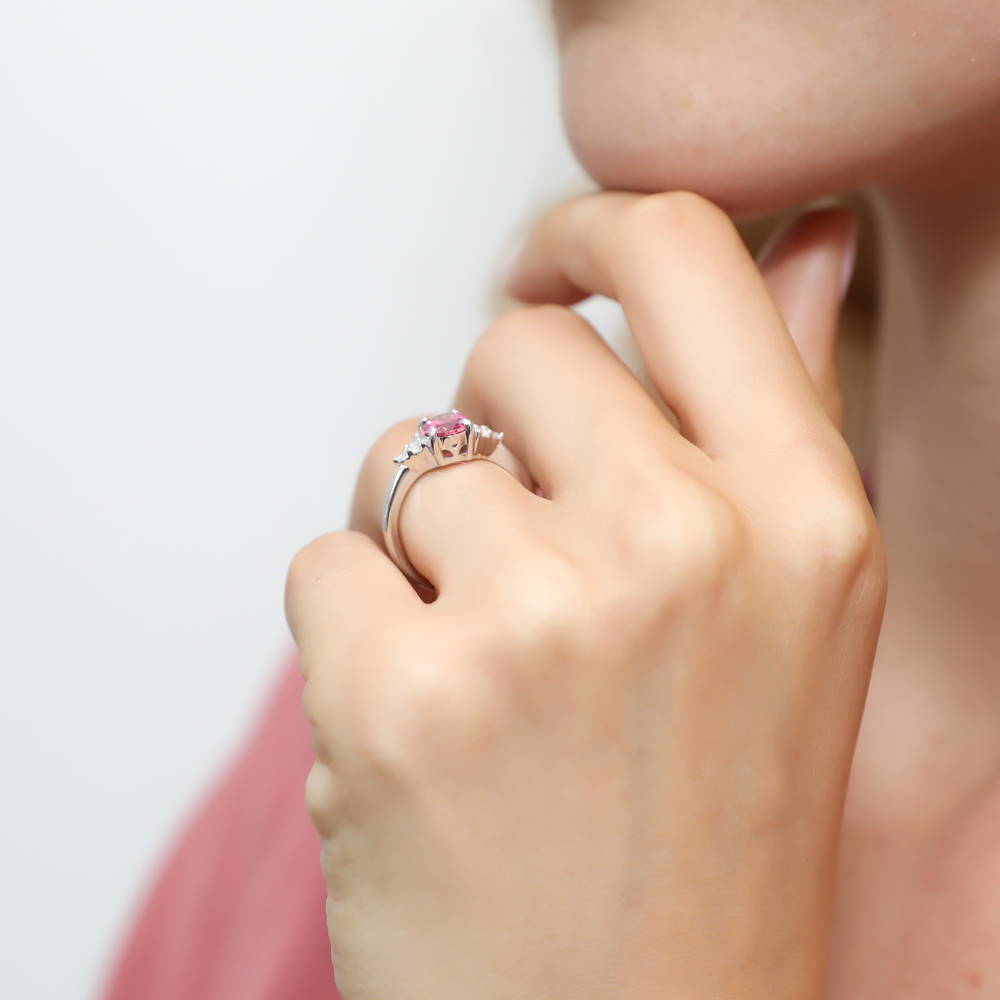 Model wearing Solitaire Red Oval CZ Ring in Sterling Silver 1.2ct, 3 of 8