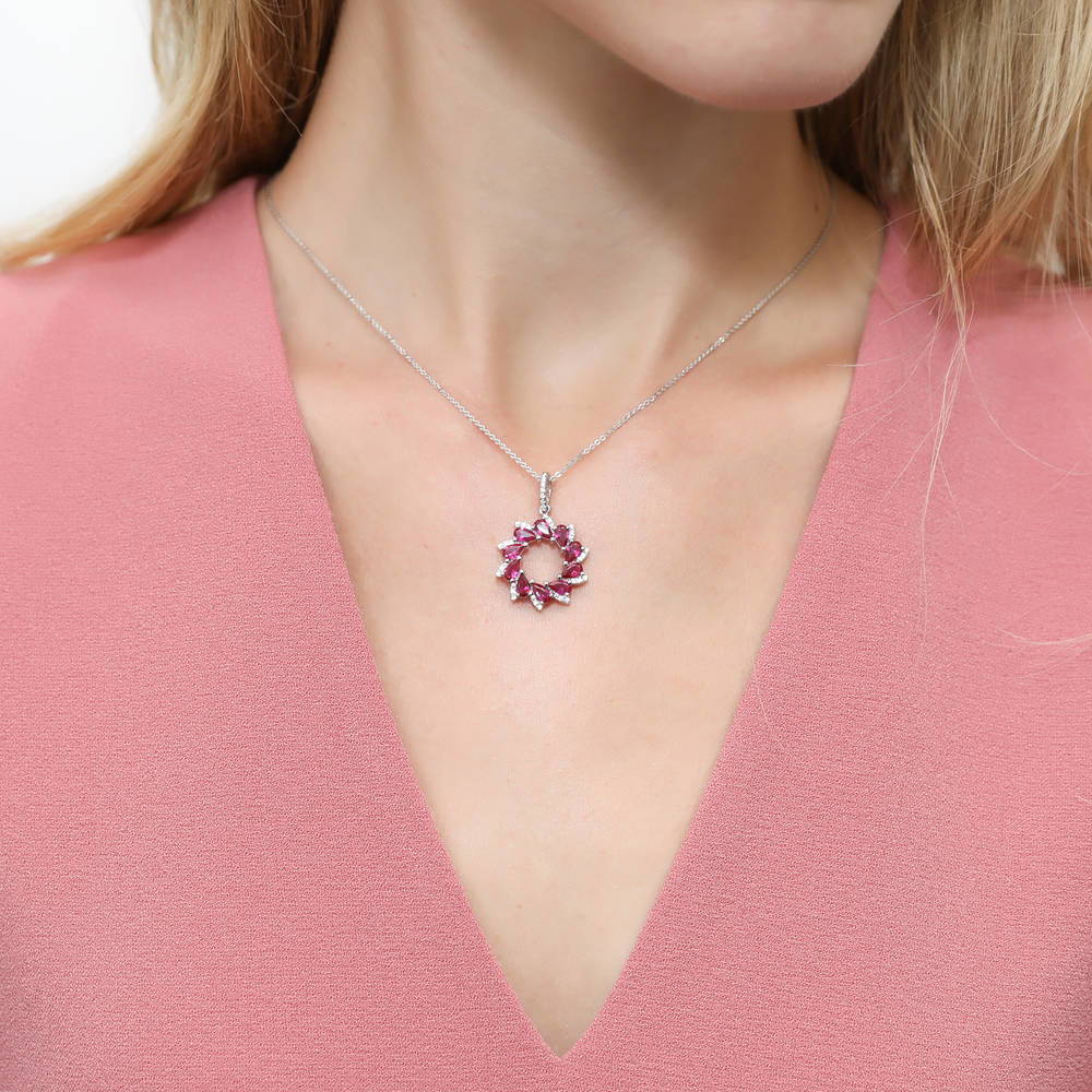 Flower Red CZ Pendant Necklace in Sterling Silver