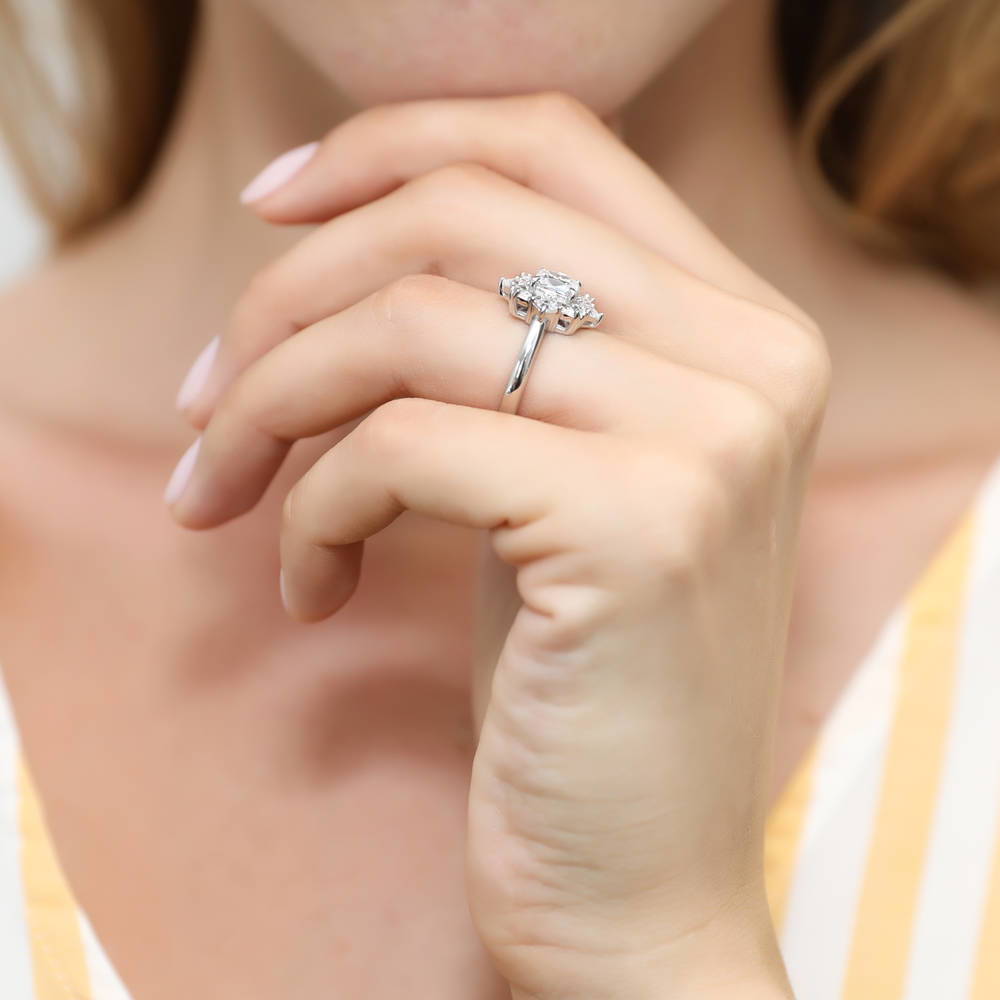 Model wearing Halo Art Deco Cushion CZ Ring in Sterling Silver, 6 of 9