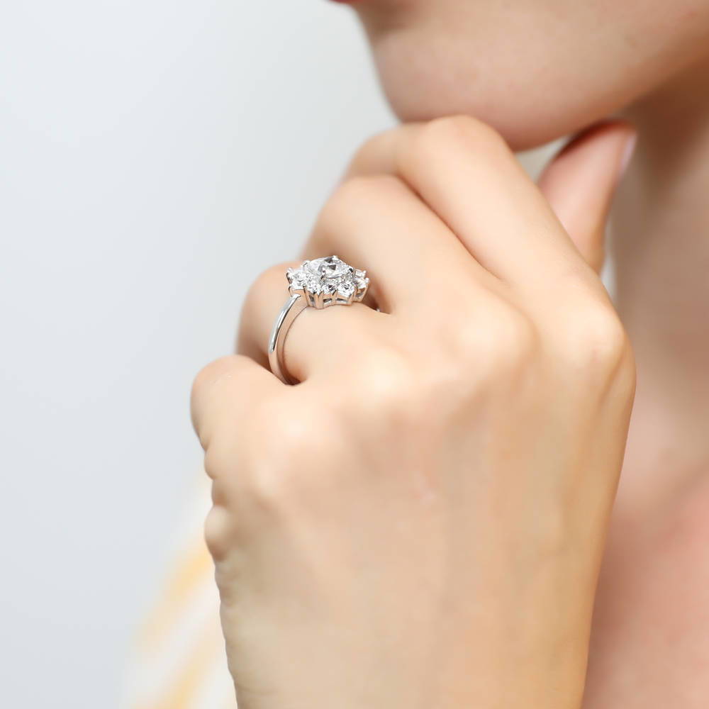 Model wearing Halo Art Deco Cushion CZ Ring in Sterling Silver, 3 of 9