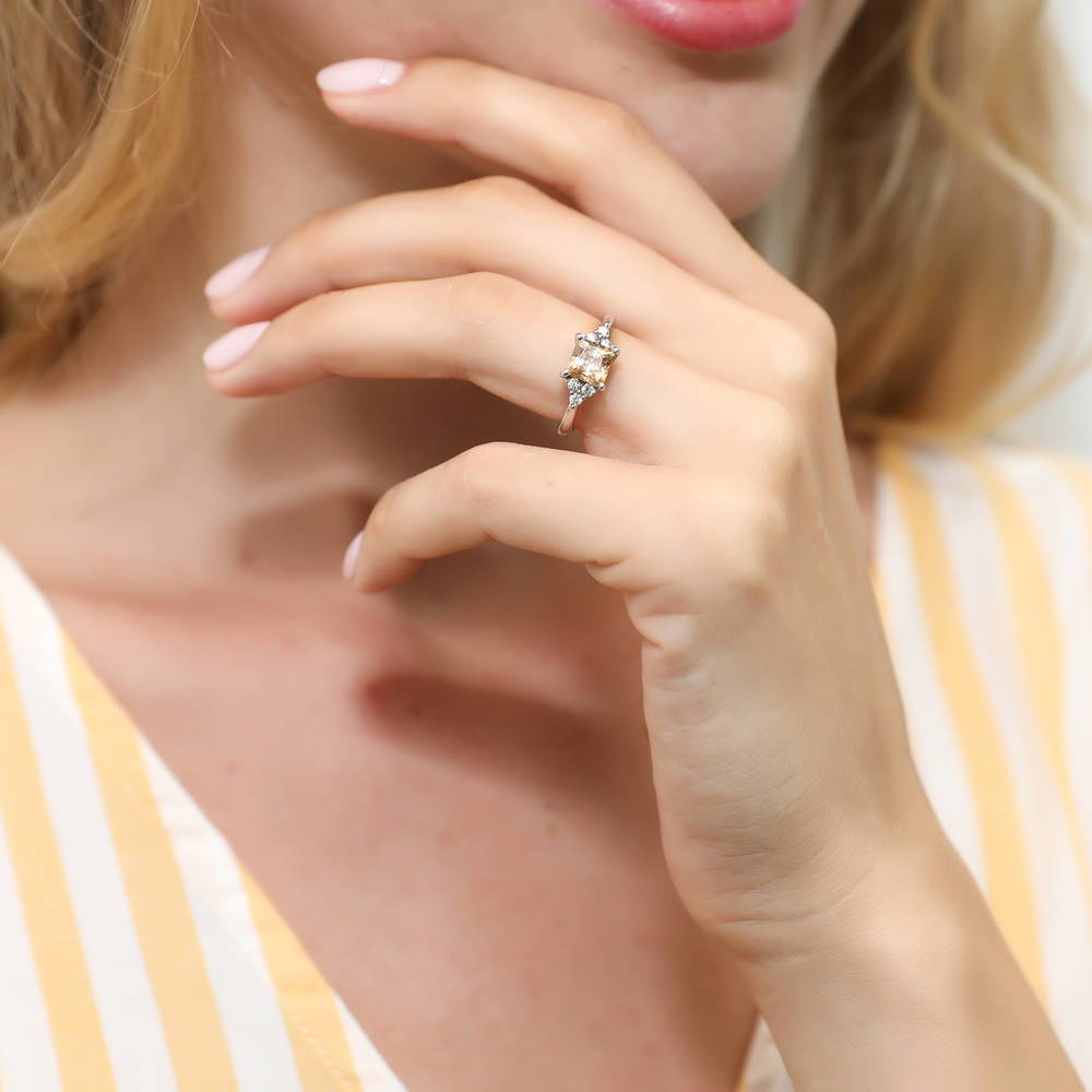 Model wearing Solitaire Yellow Princess CZ Ring in Sterling Silver 1.2ct