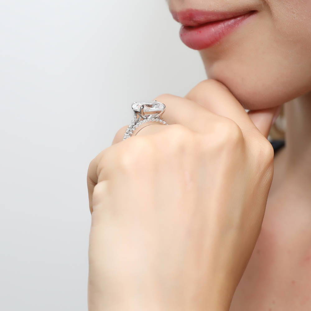 Model wearing East-West Solitaire CZ Ring Set in Sterling Silver, 6 of 13