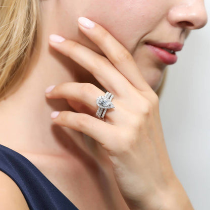 Halo Pear CZ Ring Set in Sterling Silver