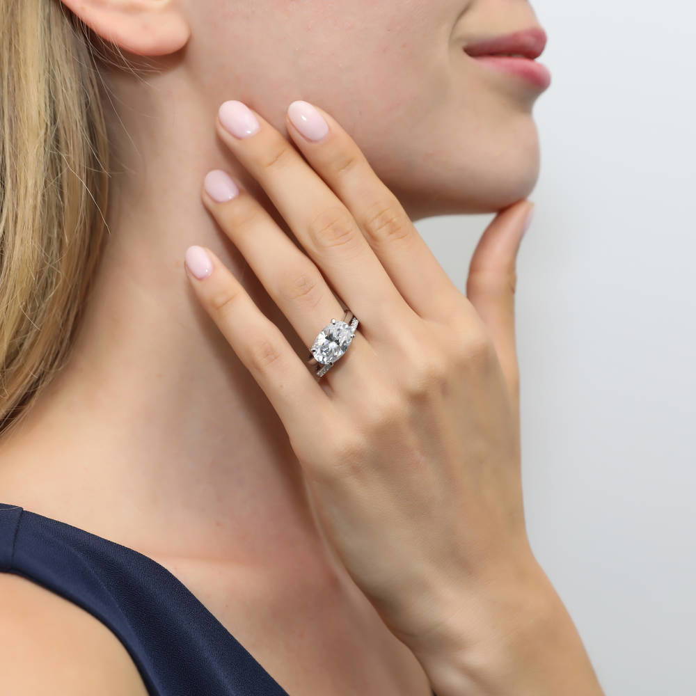 Model wearing East-West Solitaire CZ Ring Set in Sterling Silver, 5 of 13
