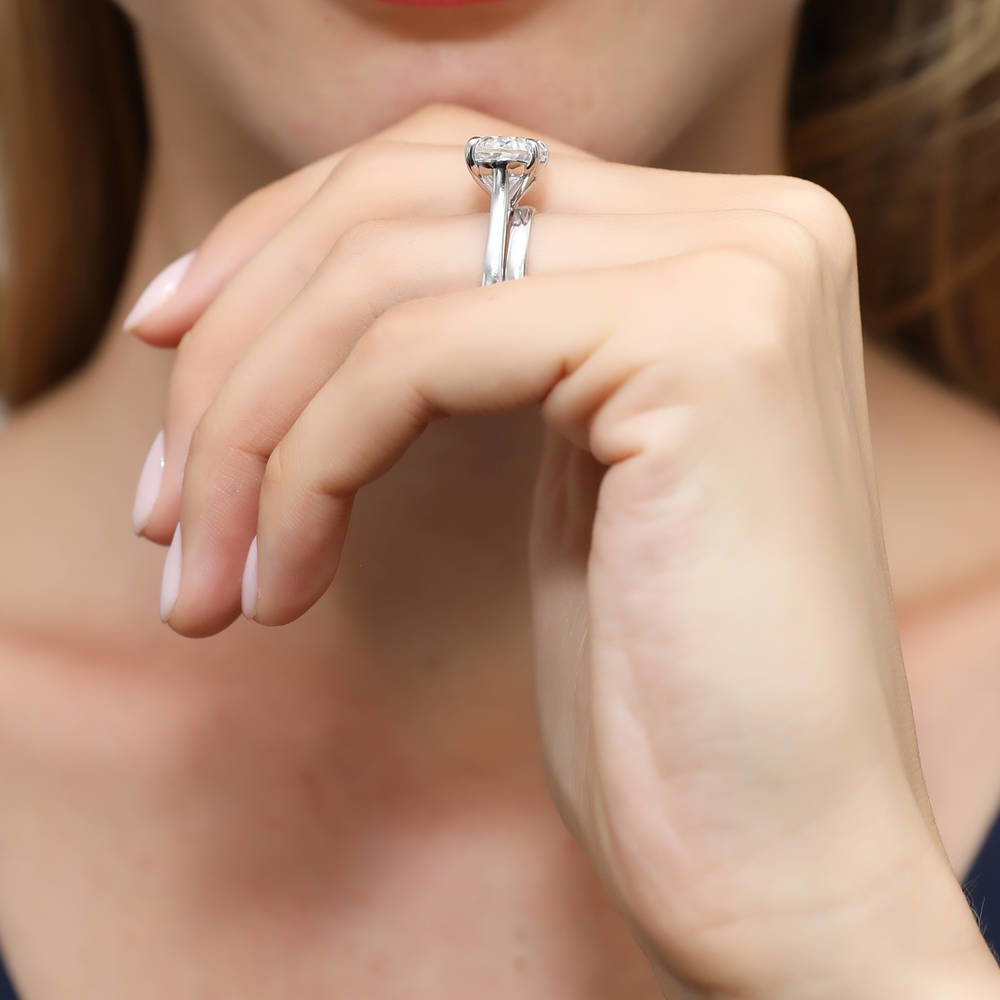 Model wearing East-West Solitaire CZ Ring Set in Sterling Silver, 6 of 12