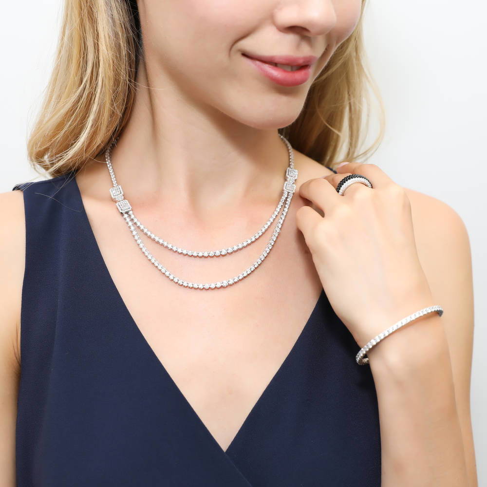 Model wearing Art Deco CZ Statement Tennis Necklace in Sterling Silver, 7 of 9