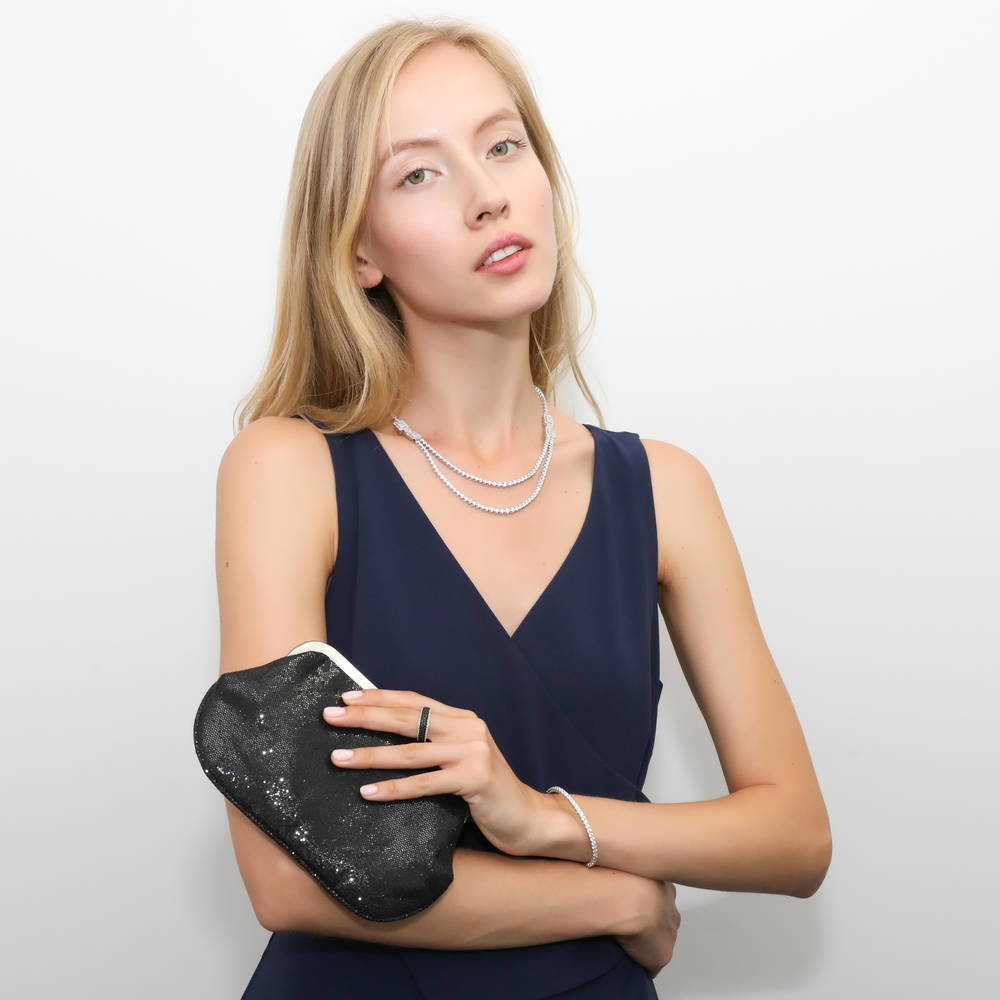 Model wearing Art Deco CZ Tennis Necklace in Sterling Silver, 6 of 9